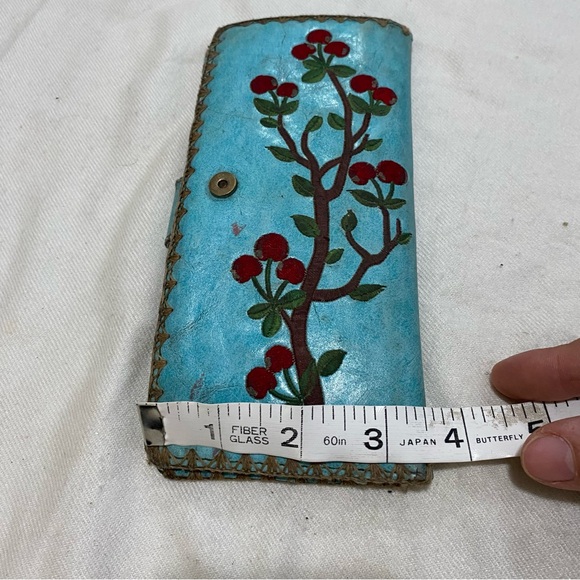 Wallet Pocketbook Embroidered Cherry Tree Turquoise Blue Imperfect Used - Picture 7 of 8